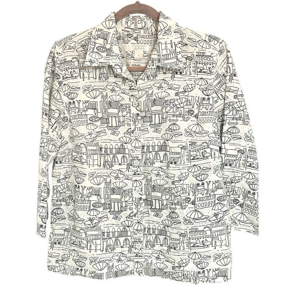 Christopher‎ & Banks Black & White Beach Print Button Up Linen Blend Resort Wear